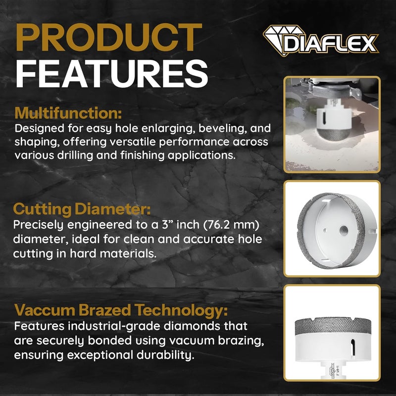 DIAFLEX Premium Brazed Core Bit – 3" Diamond Hole Saw for Porcelain, Ceramic, Stone, Dekton – 5/8"-11 Thread – Fast Clean Cuts – Vacuum Brazed – Wet or Dry Use - Image 4